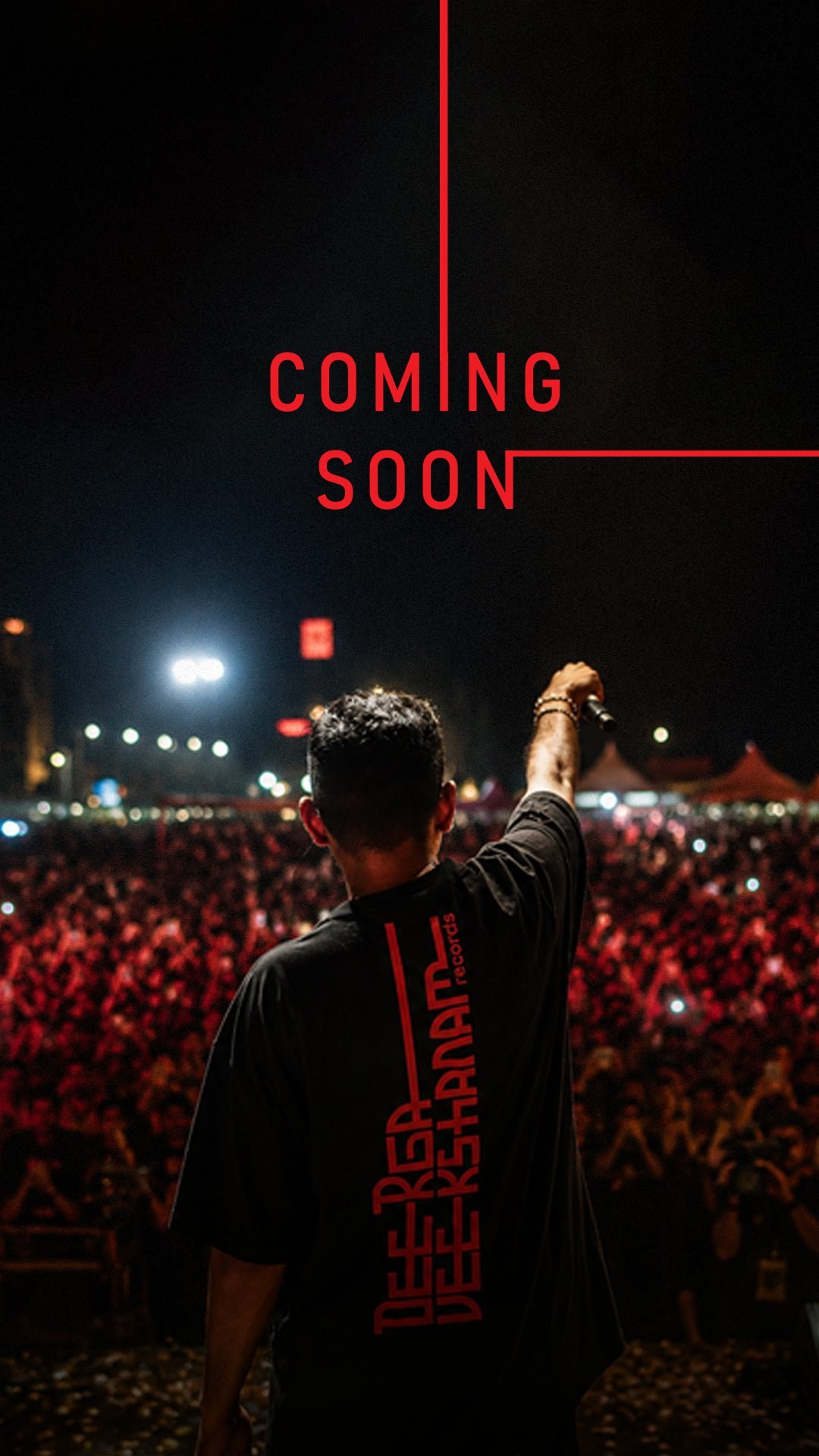 Deergaveekshanam artist on stage facing a packed crowd, arm raised, coming soon